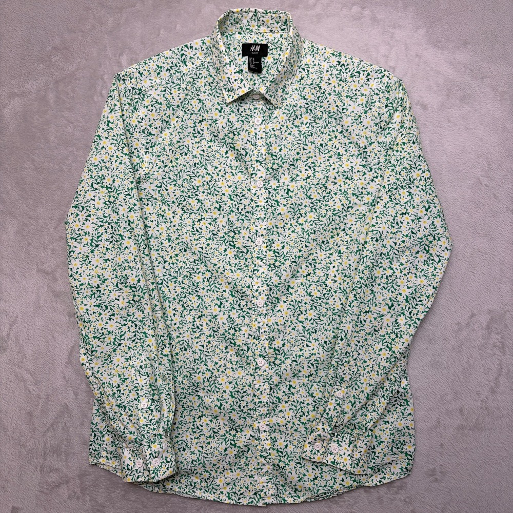 H&M Slim Fit Floral Cotton Button Up Shirt M green/yellow all over print thin